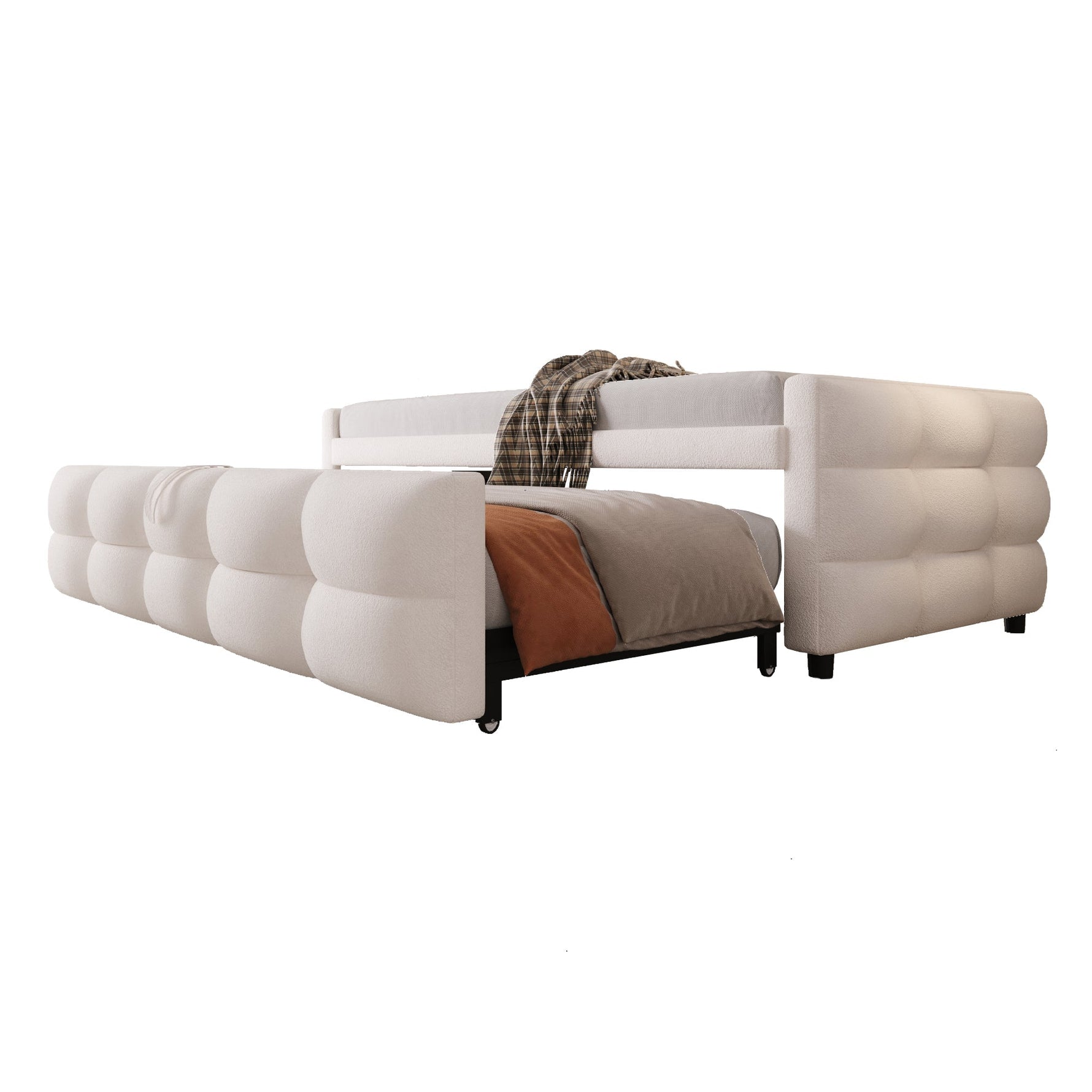 Extendable Upholstered Sofa Bed with Slatted Frame and 90/180x190cm Mattress Support, Beige Teddy Velvet