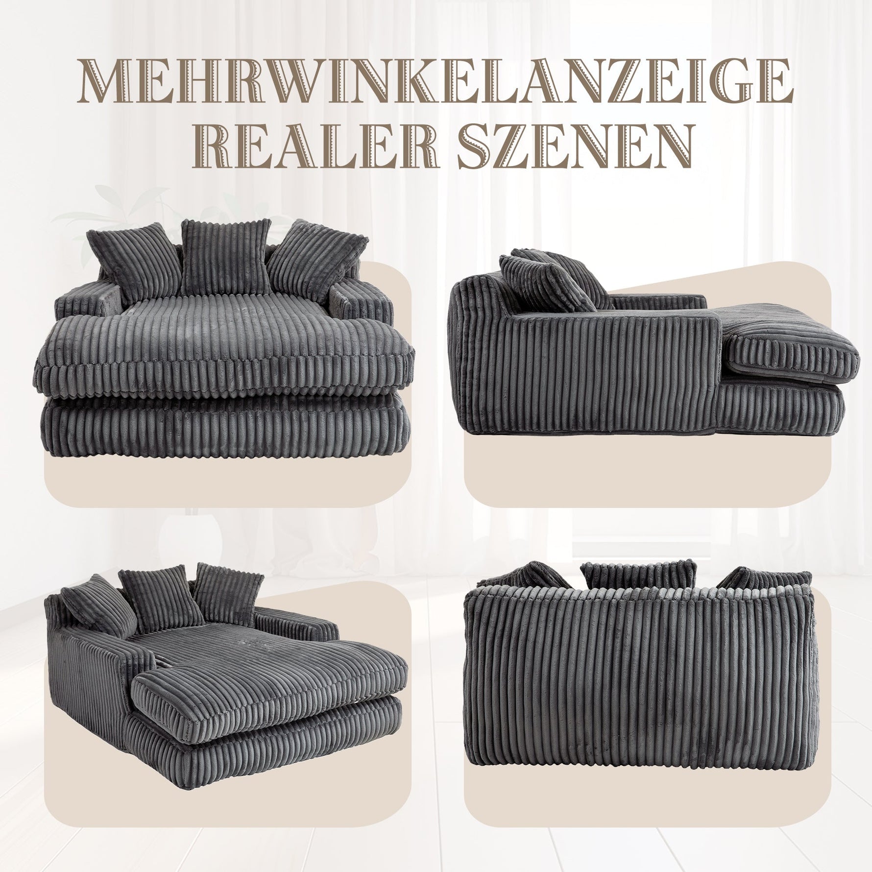Sofa Bed, Cloud Couch with 3 Soft Pillows, Single Seat, Dark Grey Corduroy