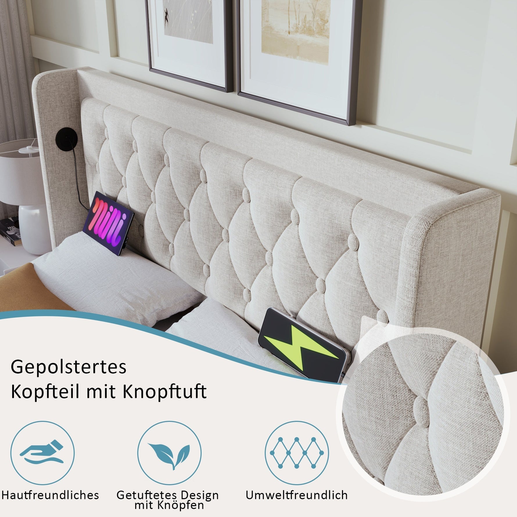Upholstered Double Bed, Hydraulic Storage, LED, USB-C, Beige Cotton