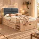 Single Storage Bed 90x200cm with USB & Drawers, Natural Wood