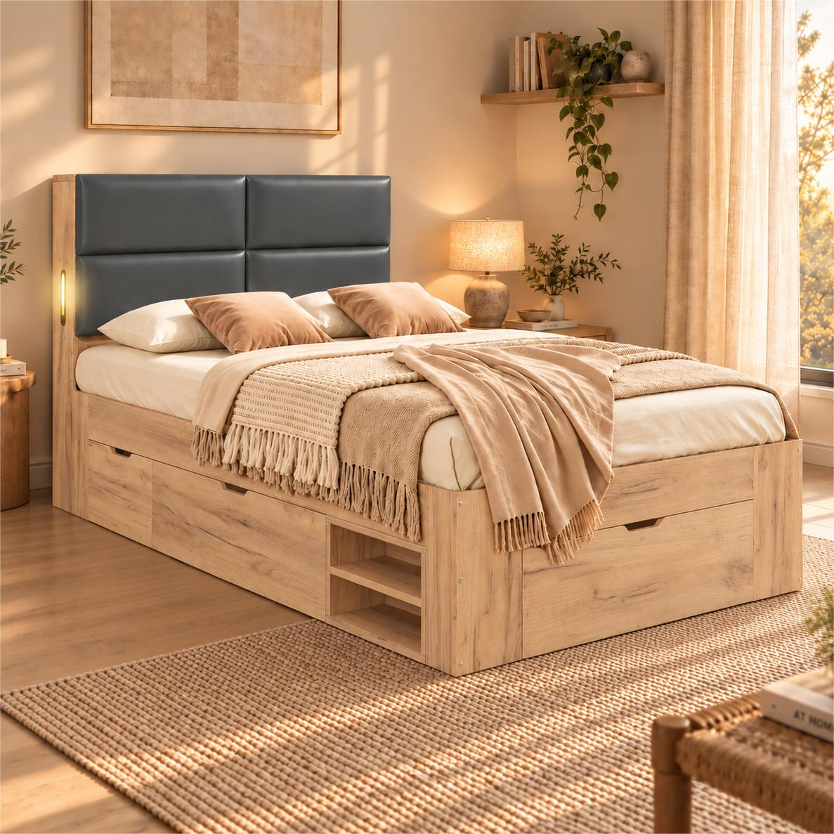 Single Storage Bed 90x200cm with USB & Drawers, Natural Wood