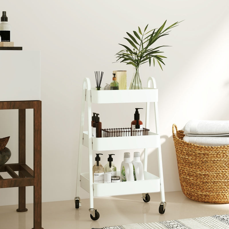 Serving Cart, 3 Levels with Wheels and Brake, White