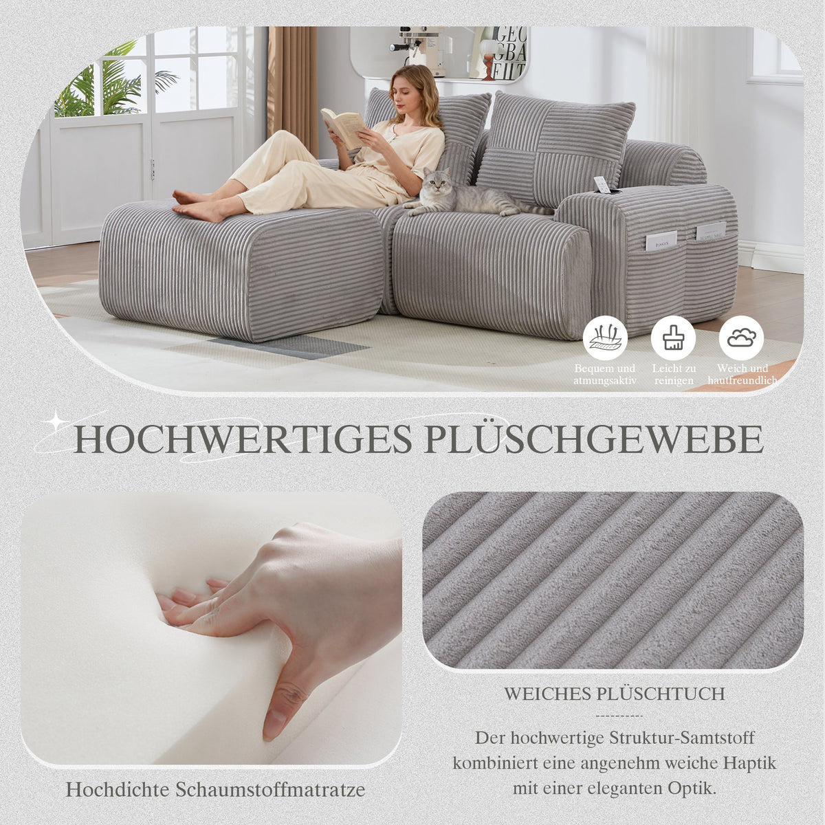 Modular Sofa for 2 People, Freely Combinable with Ottomans and Cup Holder, Light Grey Corduroy