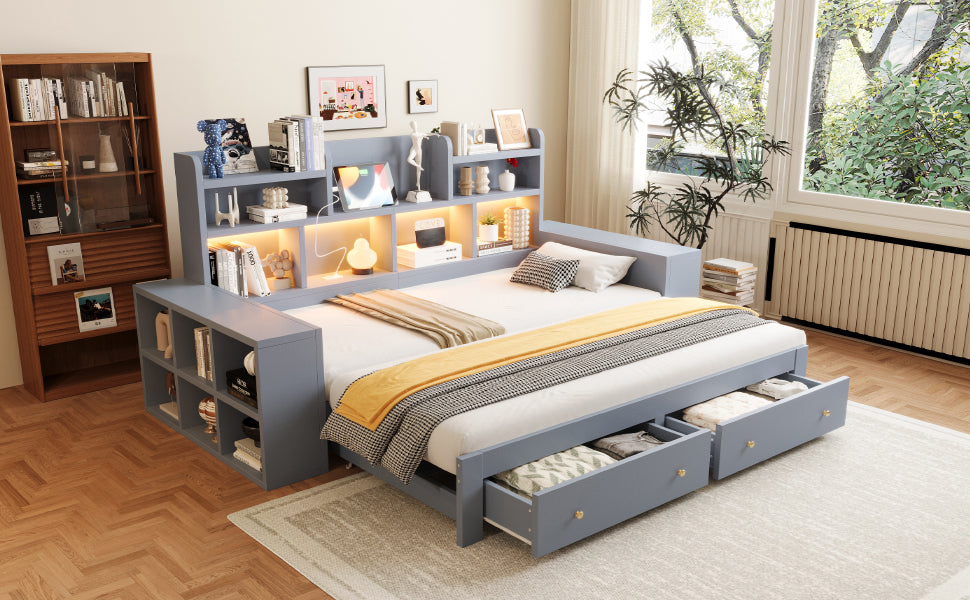 Extendable Sofa Bed 90/180x200cm with Storage & LED, Grey Wood