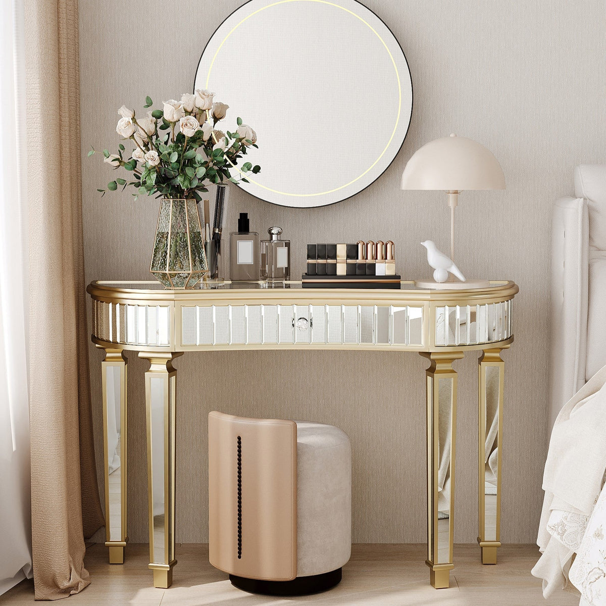 Half-Moon Console Table 120cm Mirrored Fluted Glass Drawer - Gold/Silver