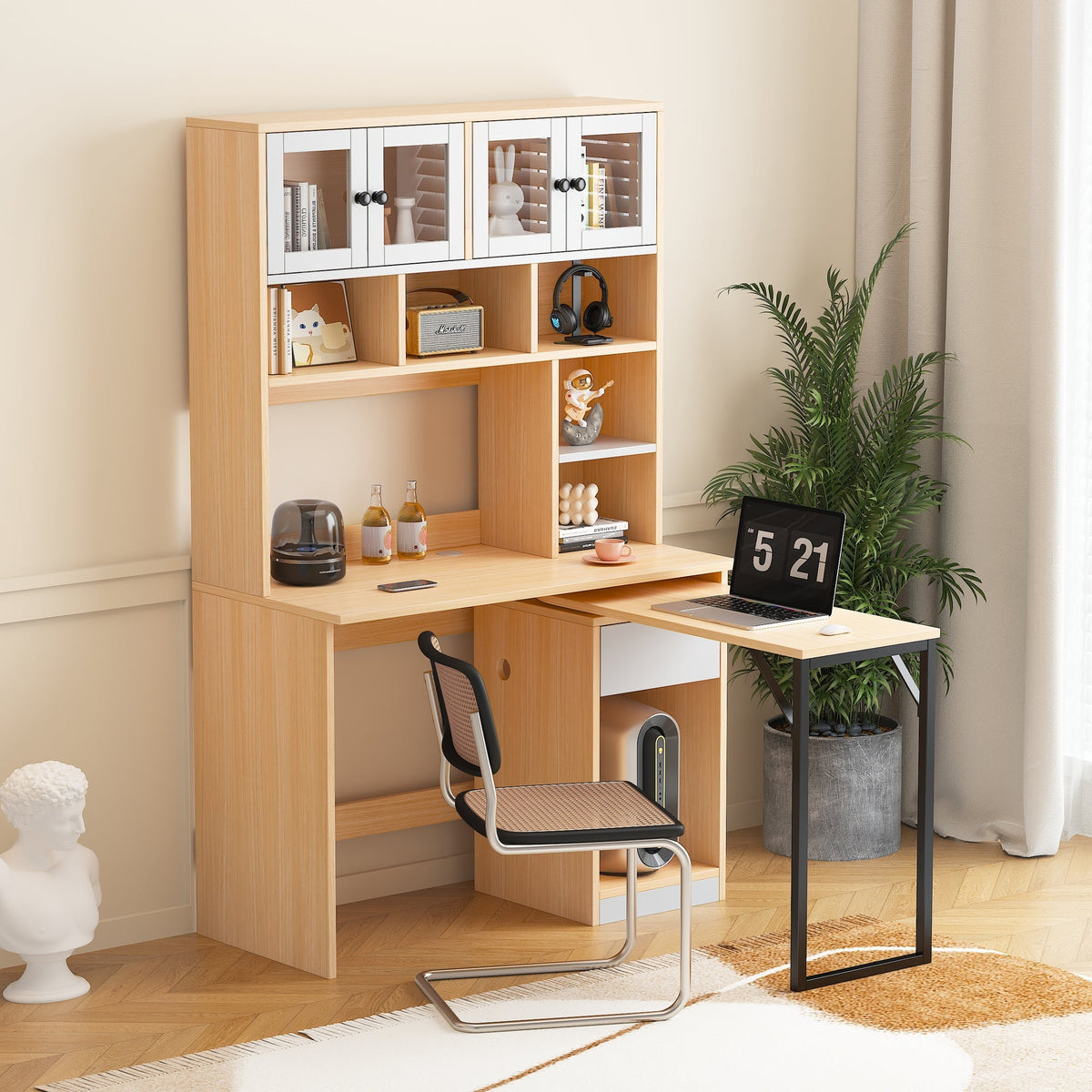 Computer Desk Shelf Cabinet Work Desk 180cm, White Natural