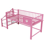 Low Loft Bed for Children with Storage Ladder and Metal Frame, 90x200cm, Pink Metal