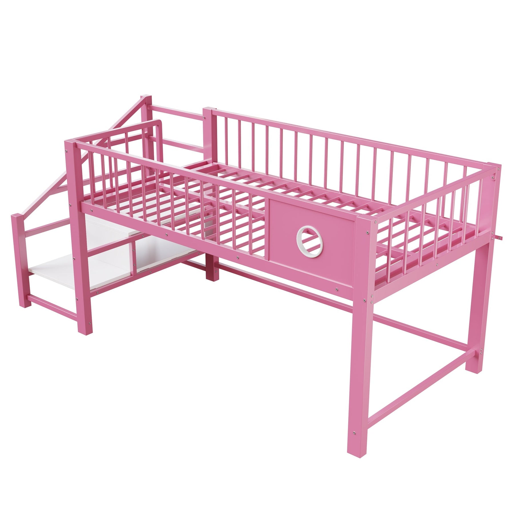 Low Loft Bed for Children with Storage Ladder and Metal Frame, 90x200cm, Pink Metal