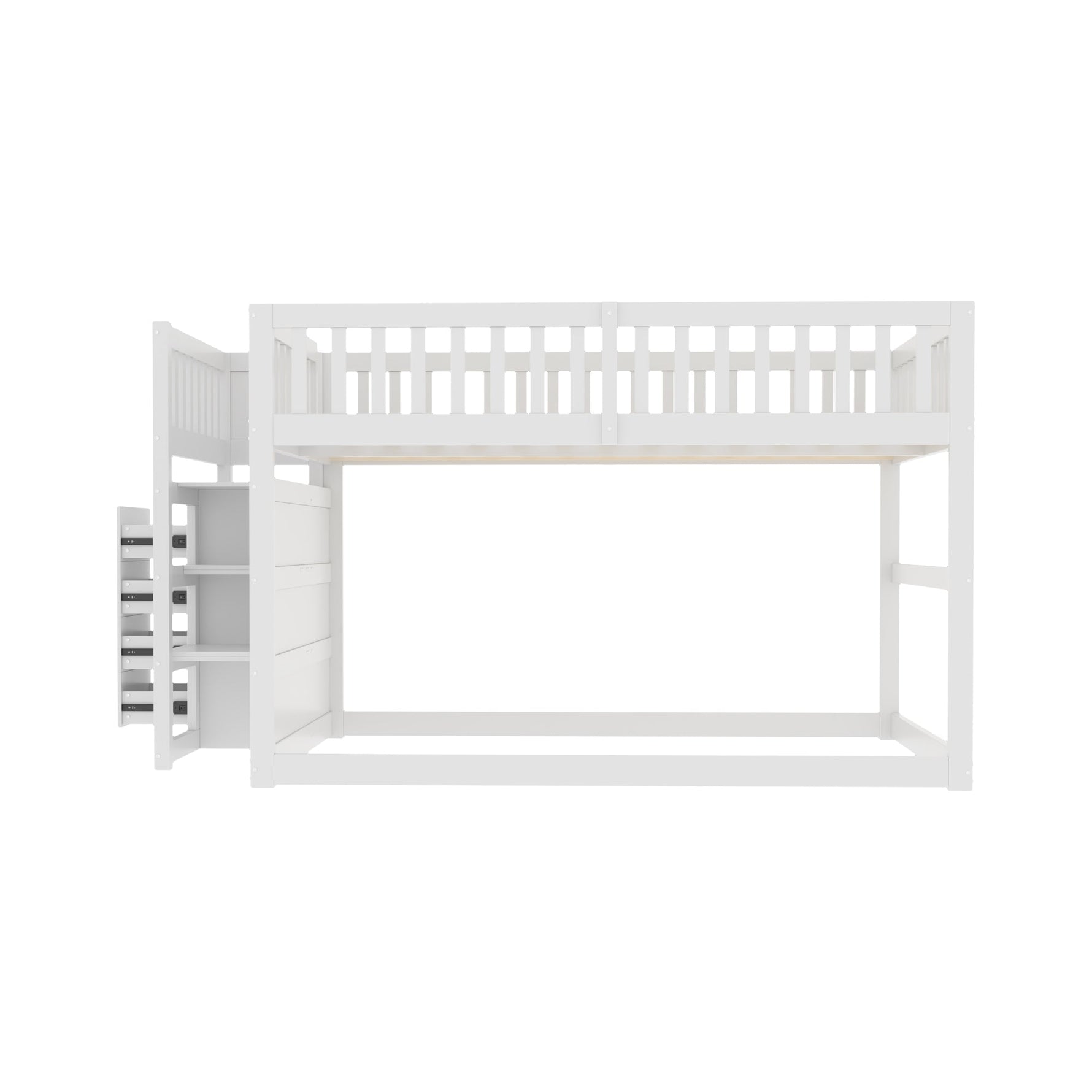 Low Bunk Bed, 140x200cm Safety with Storage & High Fence, Wooden White