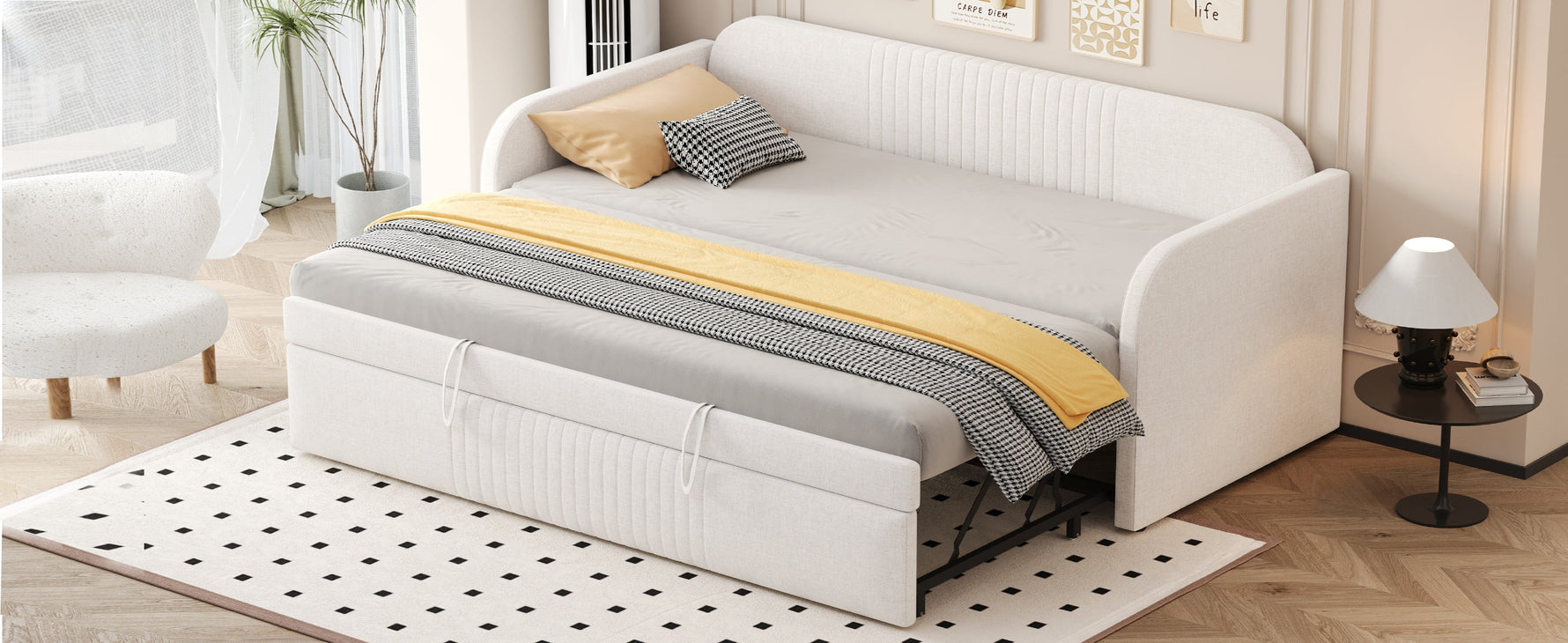 Upholstered Bed Pull-Out Sofa Bed, 90/180*190cm Multifunctional with Slatted Frame, Beige Linen