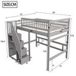Solid Wood Bed 140x200 with Storage Stairs & Railing, Grey