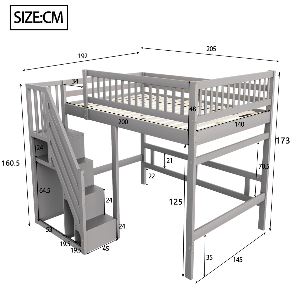 Solid Wood Bed 140x200 with Storage Stairs & Railing, Grey