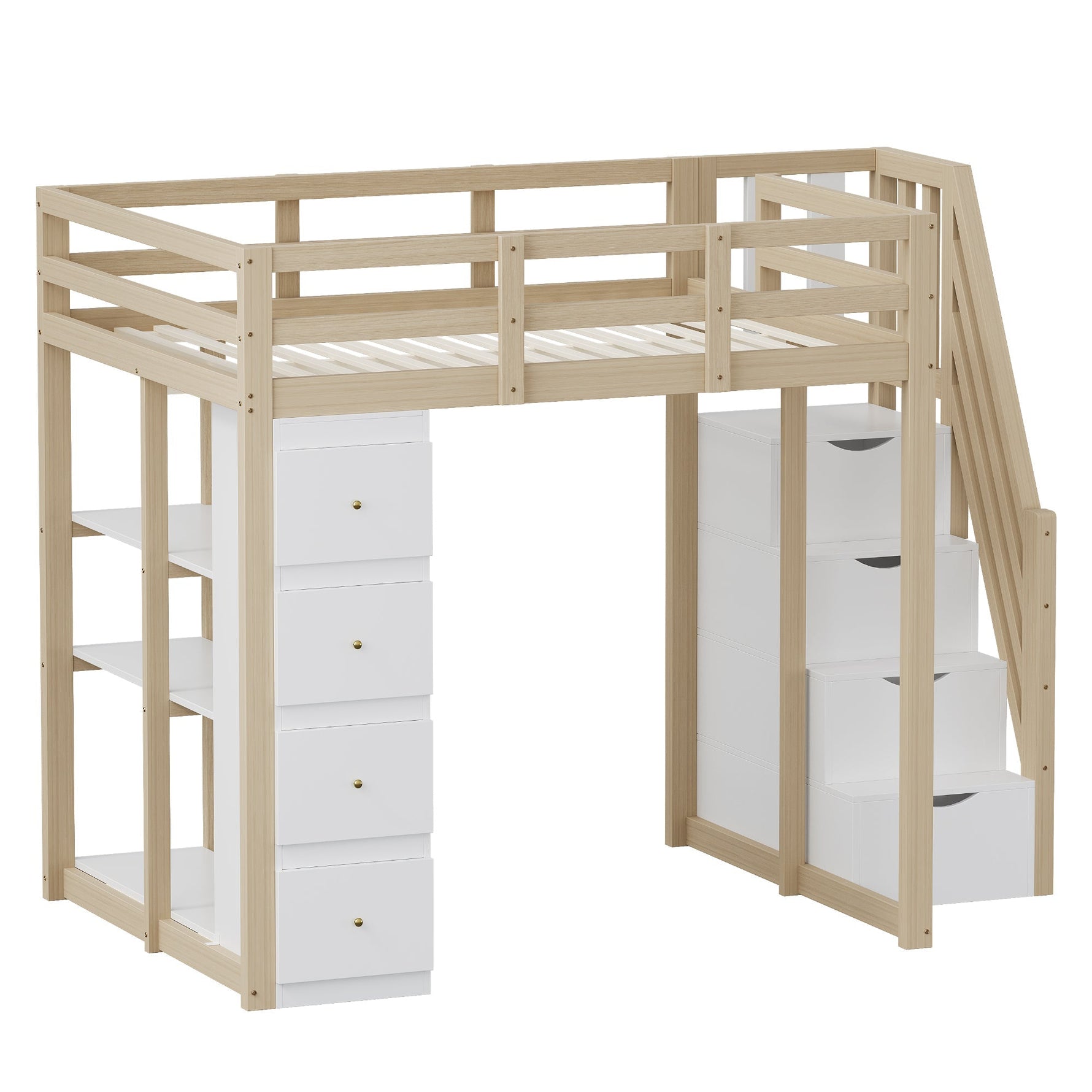 High Loft Bed with 4 Drawers and Storage Shelves, White and Natural Wood Color