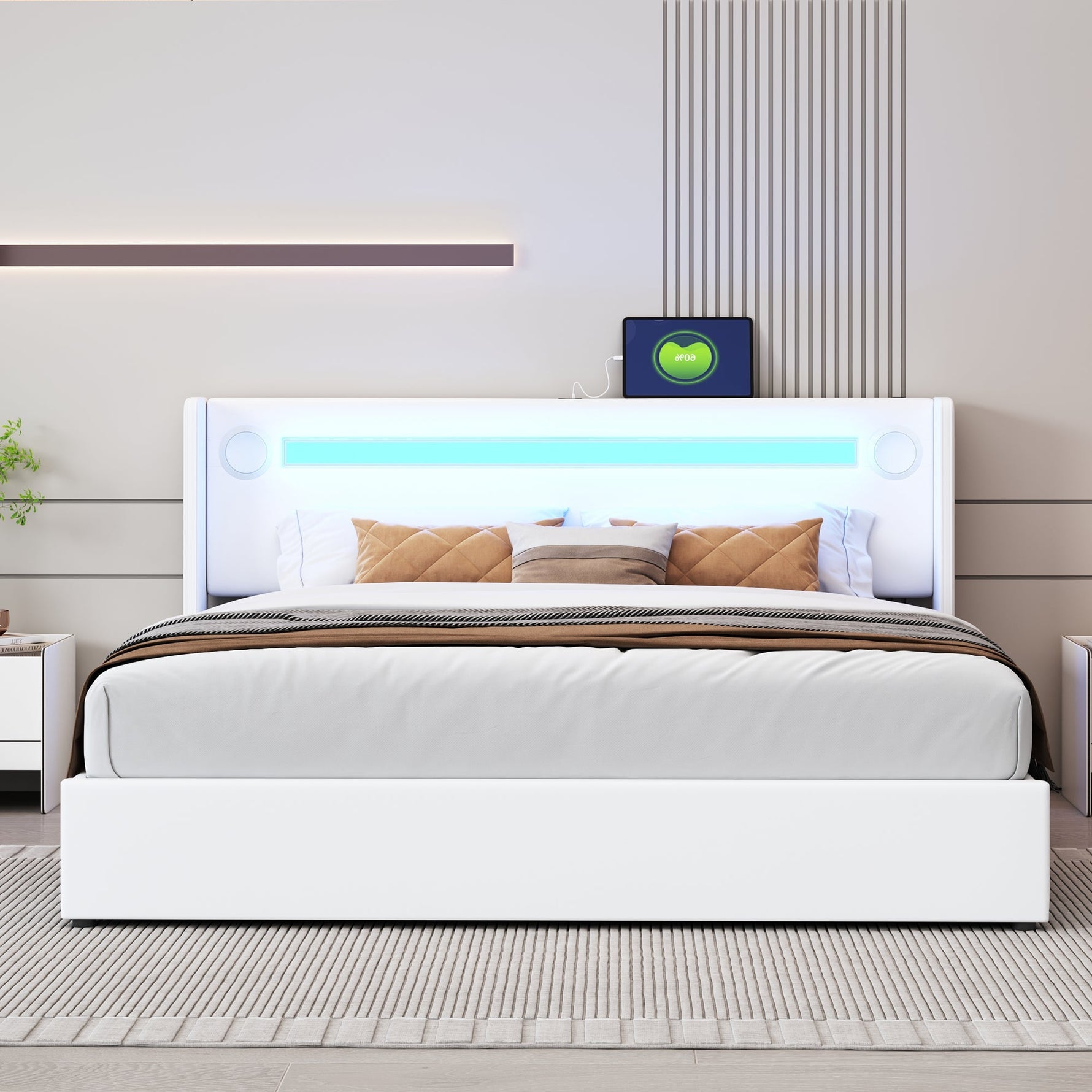 Multifunctional Upholstered Bed with LED Lighting, Bluetooth and USB Storage, White PU Leather