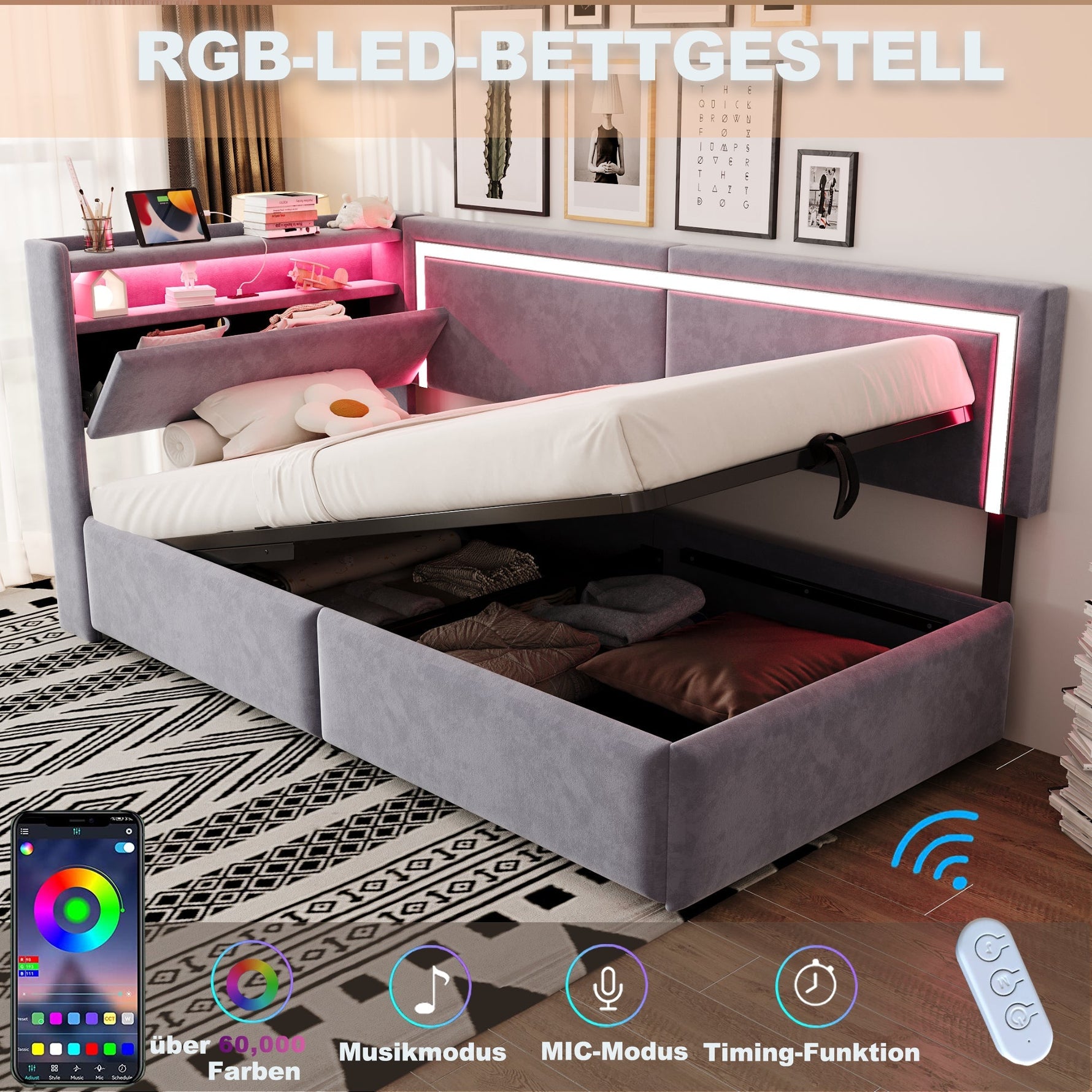 Upholstered Sofa Bed 90x200 LED USB Hydraulic Storage Light Grey Velvet