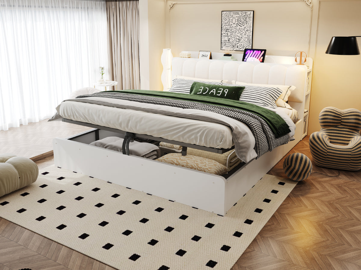 Wooden Flatbed 180x200cm with Hydraulic Storage & USB, White