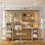 Iron Frame Bunk Bed with Table, Shelves, Safety Rail, 90x200cm, White Iron + MDF