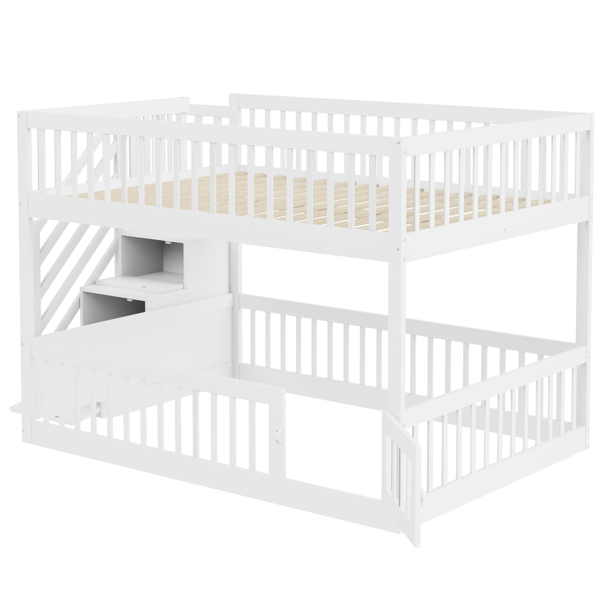 Bunk Bed 140x200, with Safety Stairs and Storage Drawers, White Wood