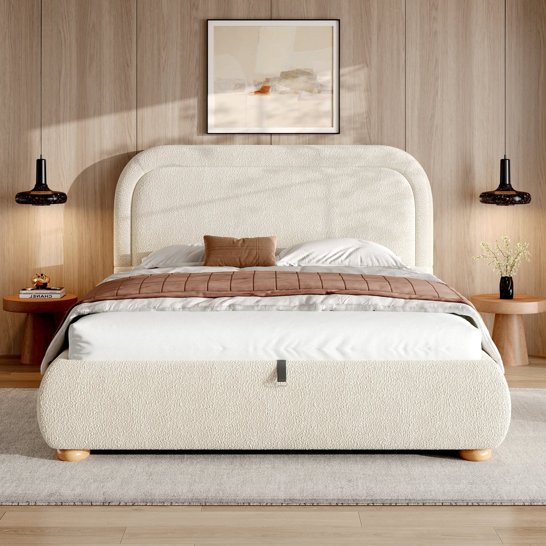 Upholstered Double Bed 140x190cm Hydraulic Storage Slatted Base Beige Bouclé
