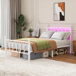 Metal Bed Frame 120x200cm, Vintage Headboard & Footboard with USB & LED, Heavy-Duty Steel, White