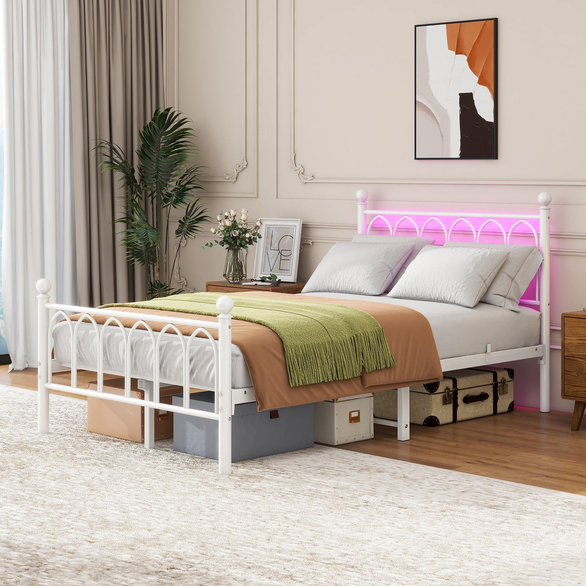 Metal Bed Frame 120x200cm, Vintage Headboard & Footboard with USB & LED, Heavy-Duty Steel, White