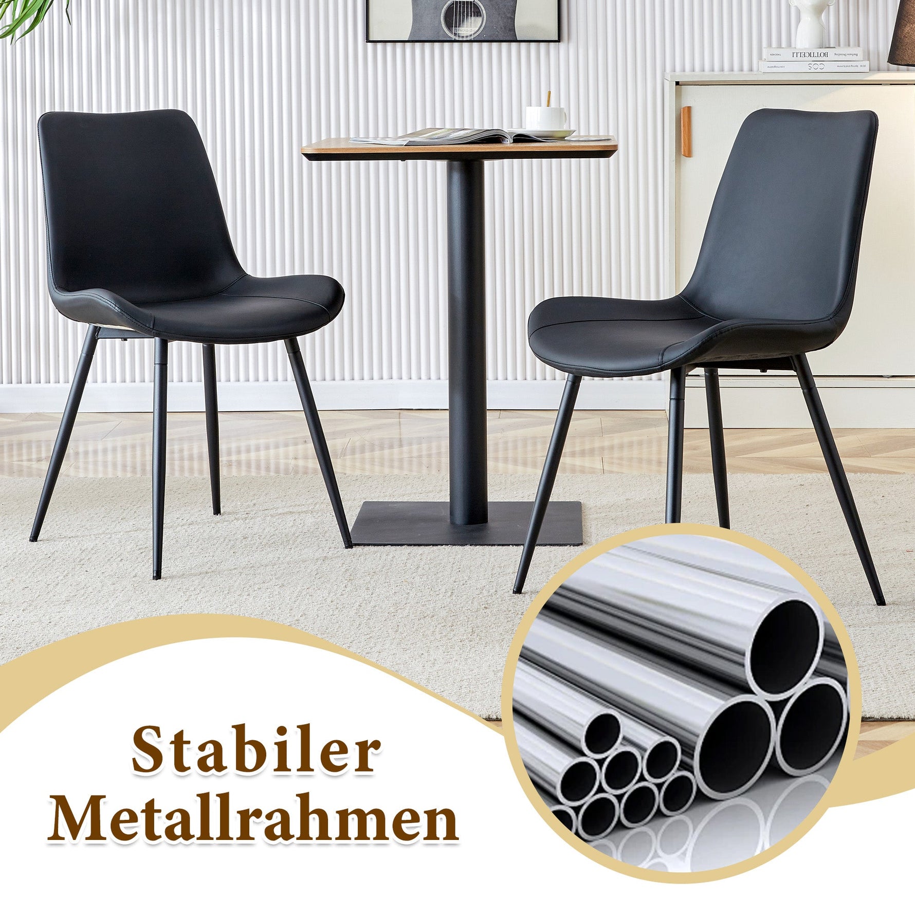 Minimalist Round Table Set 100cm with 4 PU Armchairs - Black Wood Look