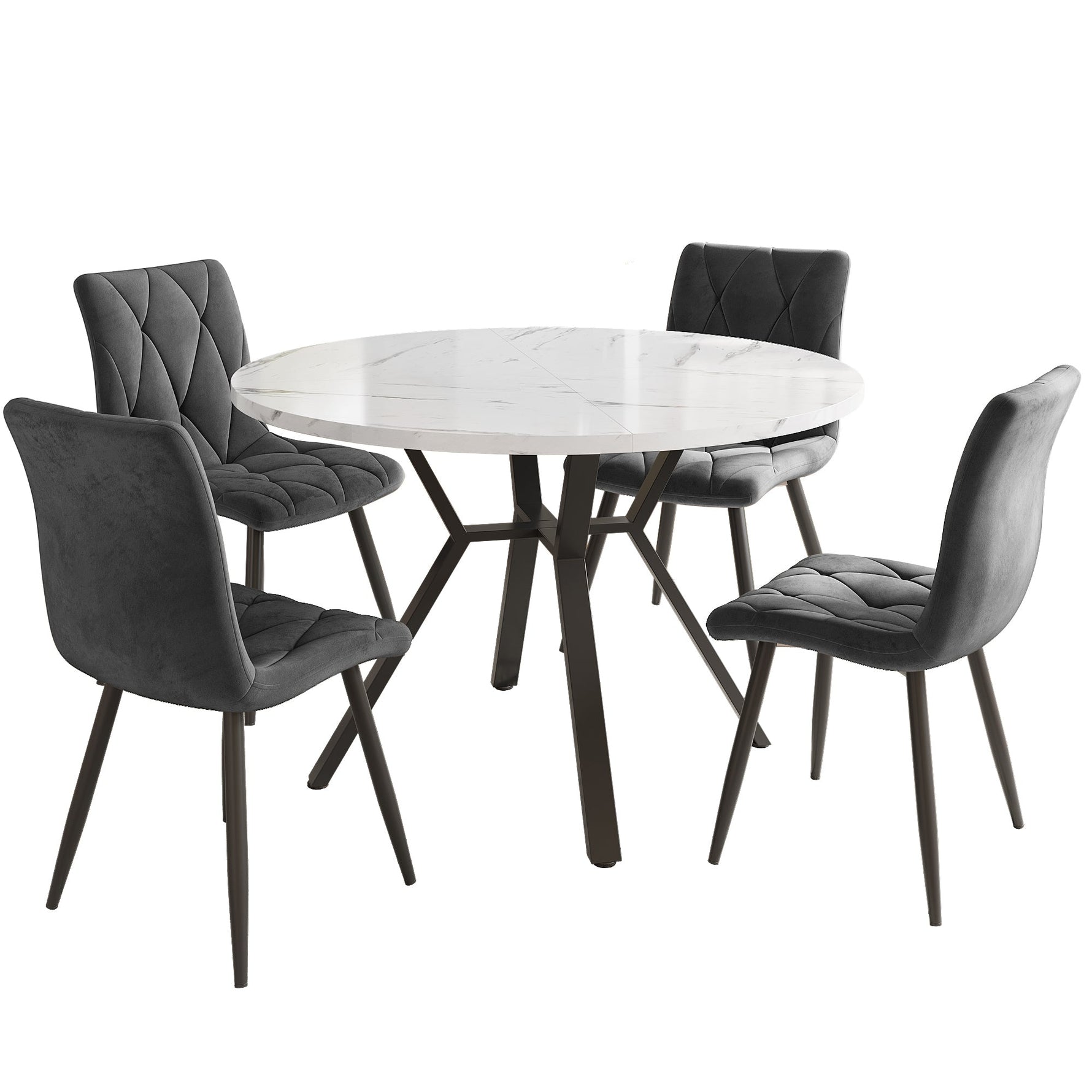 5-Piece Dining Set Modern Round Marble Table 4 Ergonomic Chairs Black Metal Grey Suede