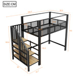 Metal Loft Bed 90x200cm with Canopy, Desk & Storage Steps, Black