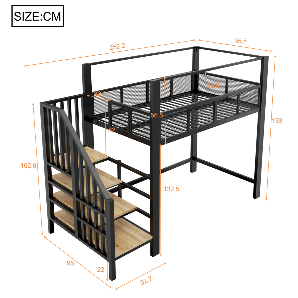 Metal Loft Bed 90x200cm with Canopy, Desk & Storage Steps, Black