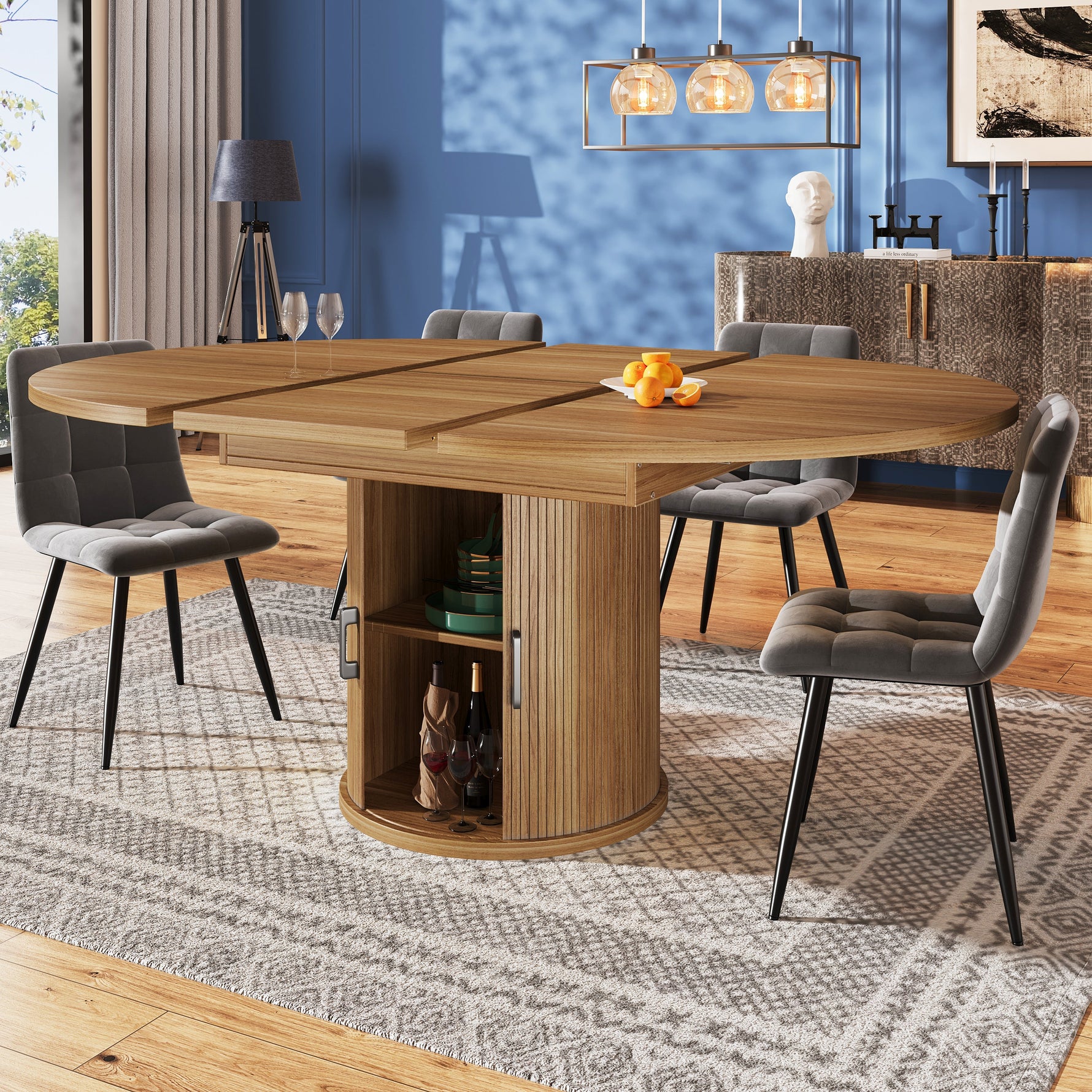 Extendable Round Dining Table, Oval Extension for 6 People, Walnut and Black