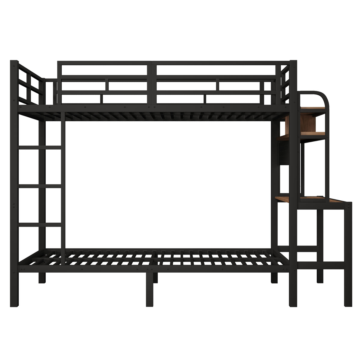 Bunk Bed 90x200 cm with Desk, Storage & LED Light, Black Iron Frame