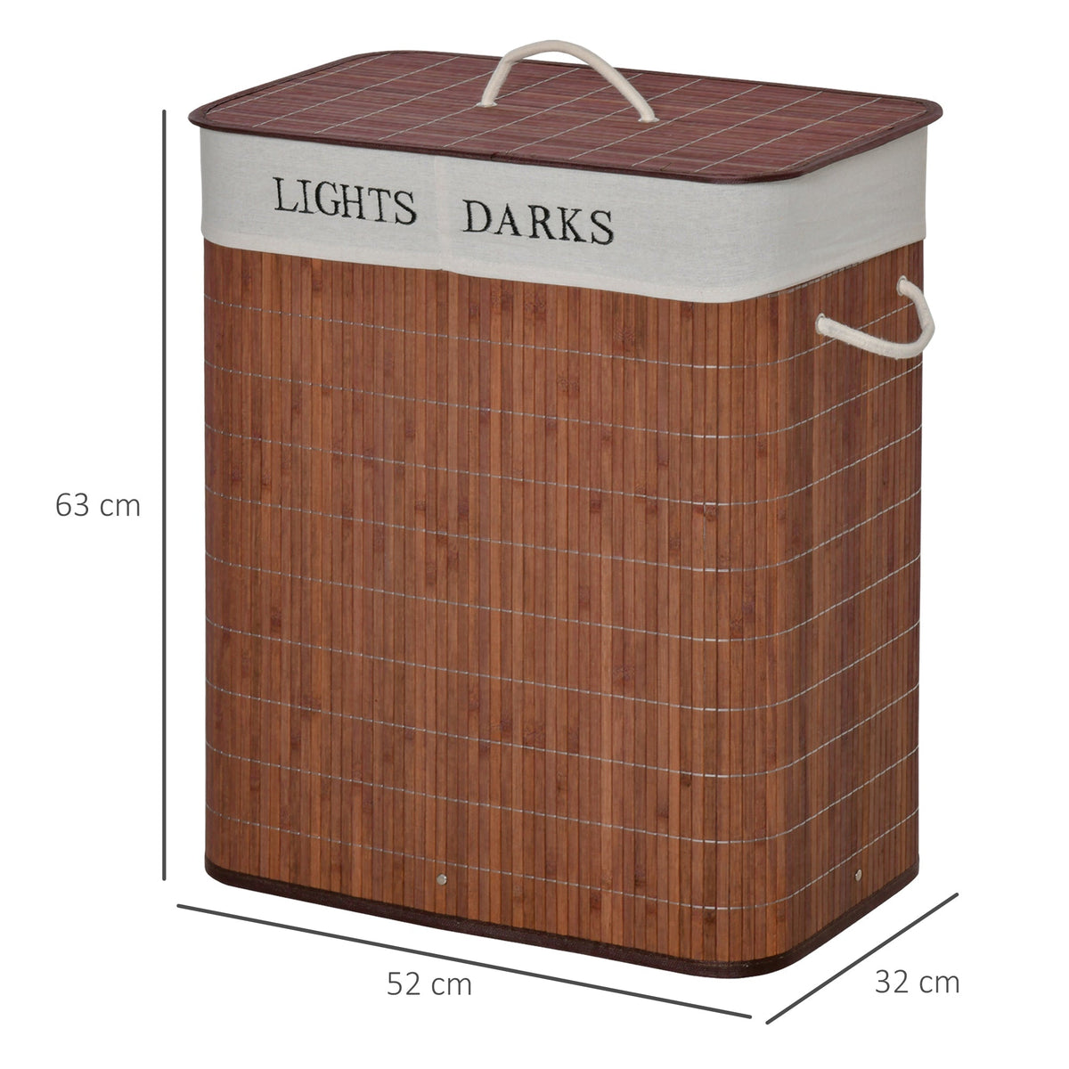 Laundry Basket Hamper 100L 3 Handles Washable Bag, Bamboo Cotton Metal Brown+White