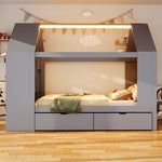 Children's House Bed 90x200cm with Storage Drawers & LED, Grey
