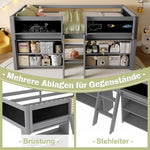 Mid-height Bed 90x200cm Storage Shelves Railing Ladder Pine Wood, Grey