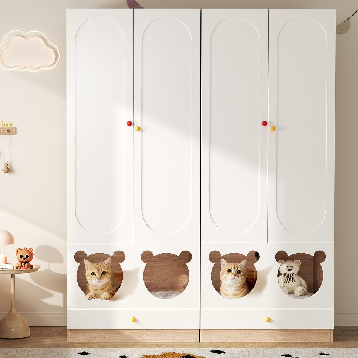 Children's Wardrobe Hanging Rail & Cat Bed 80x50x200cm White Natural Wood