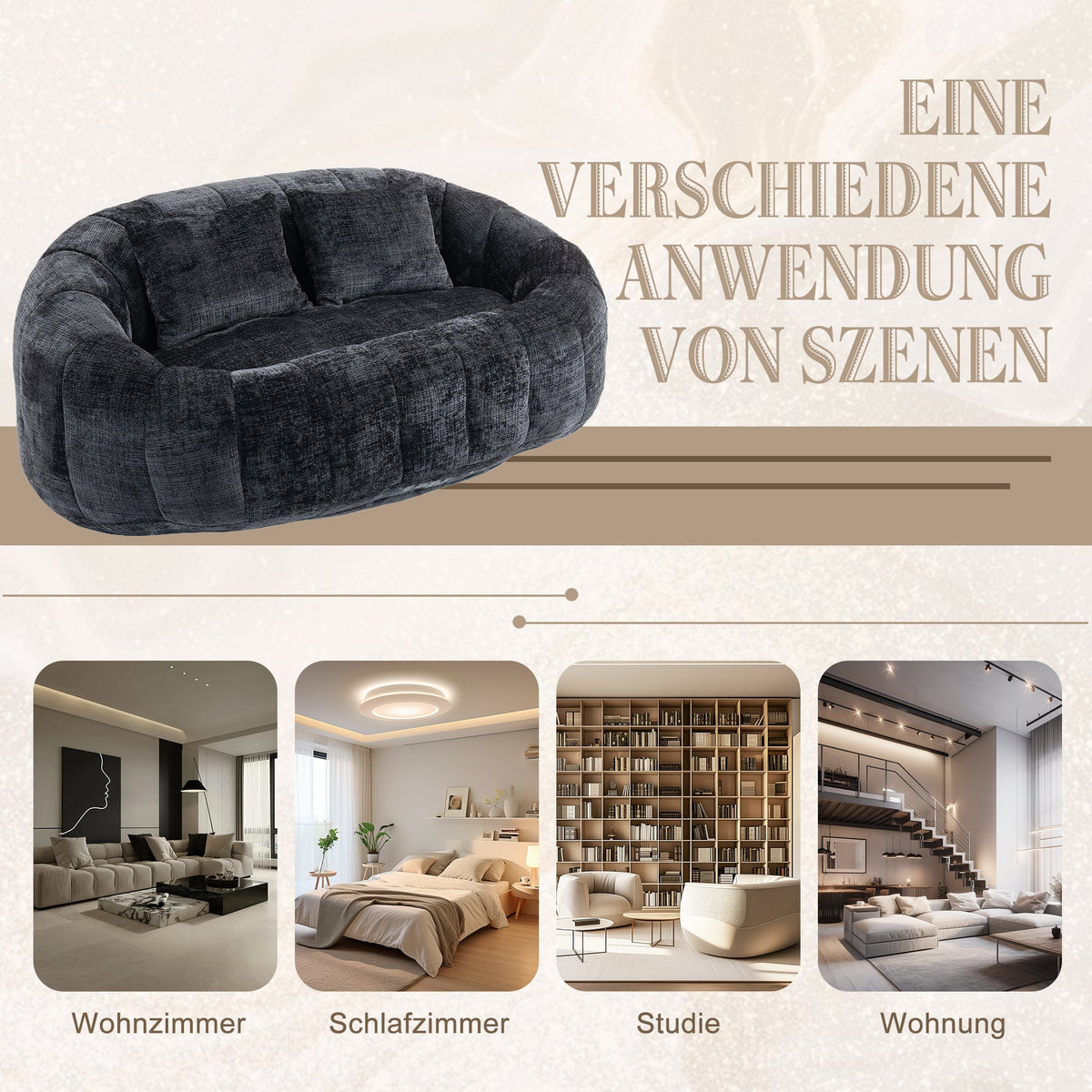 Bean Bag Sofa Lounger High Back Accent Chair Indoor/Outdoor, Black Chenille