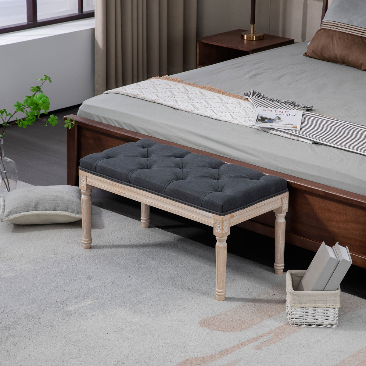Upholstered Bench Vintage, Seat Bed Hallway with Buttons, Dark Grey Linen