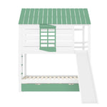 House Bunk Bed, 90X200 with Slide and Pull-Out Bed, White+Green