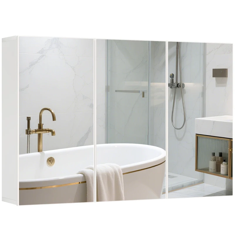 Bathroom Mirror Cabinet, 3 Mirrored Doors, Wall Mounted, White Chipboard