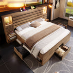 Wooden Double Bed with LED Downlights, USB-C, Floating Bedside Tables and Drawers, 180x200cm, Oak Look