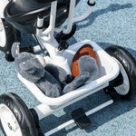 6-in-1 children's tricycle with push bar, roof, belt, storage basket, white
