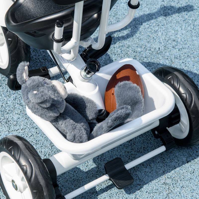 6-in-1 children's tricycle with push bar, roof, belt, storage basket, white