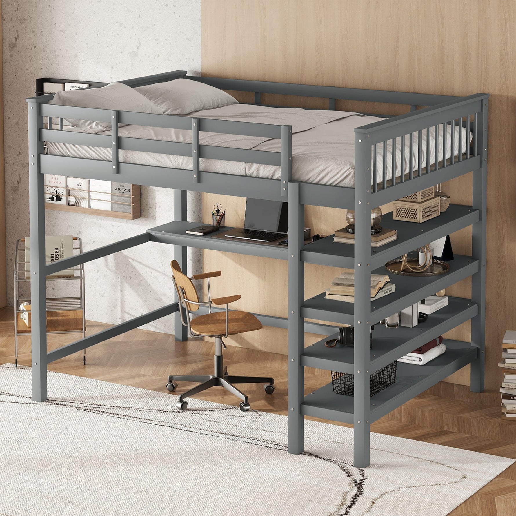Loft Bed 140x200cm Storage Compartments Desk - Grey