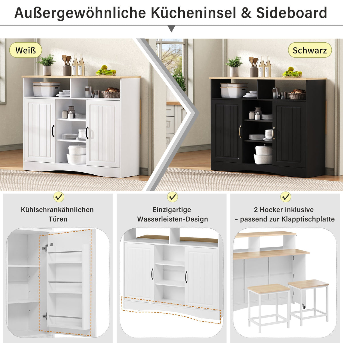 Kitchen Island on Wheels Extendable Dining Area Storage with Chairs - White