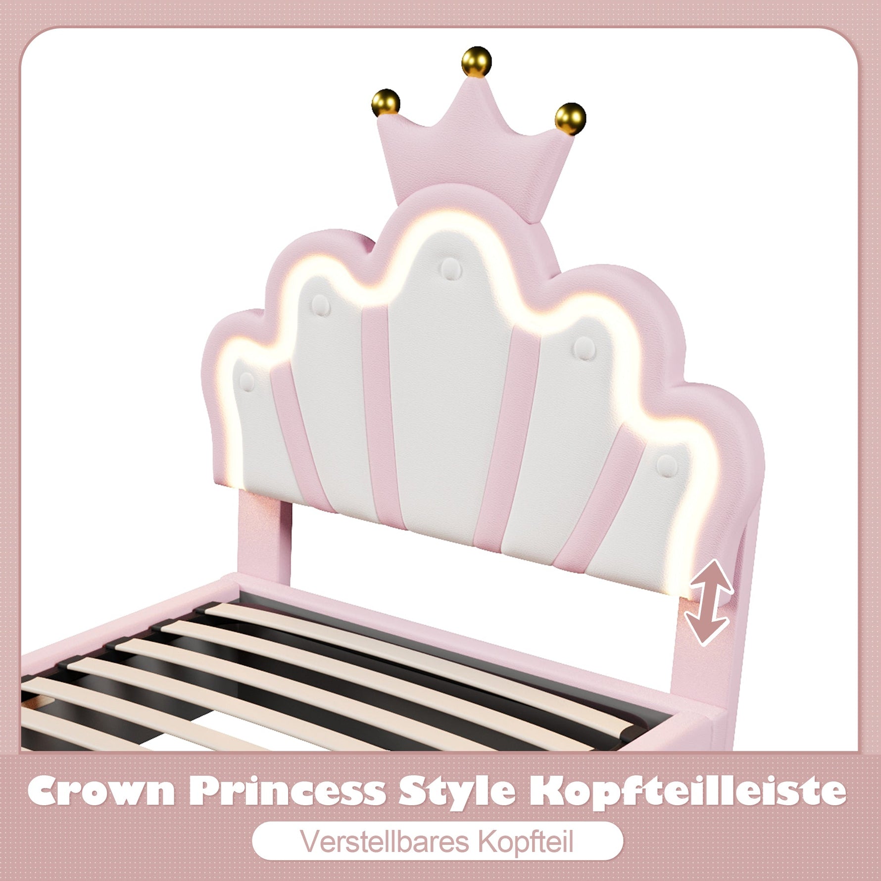 Upholstered Bed 90x200cm Hydraulic Storage LED Crown Shape Adjustable Headboard - PU Pink