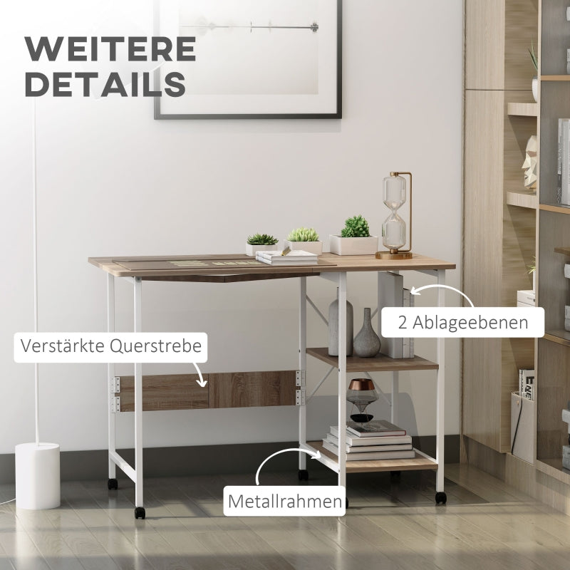 Folding Table Desk, Mobile with Wheels, Natural MDF