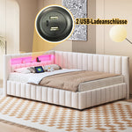 Upholstered Sofa Bed 140x200 with LED & USB Charging Port, Velvet Beige