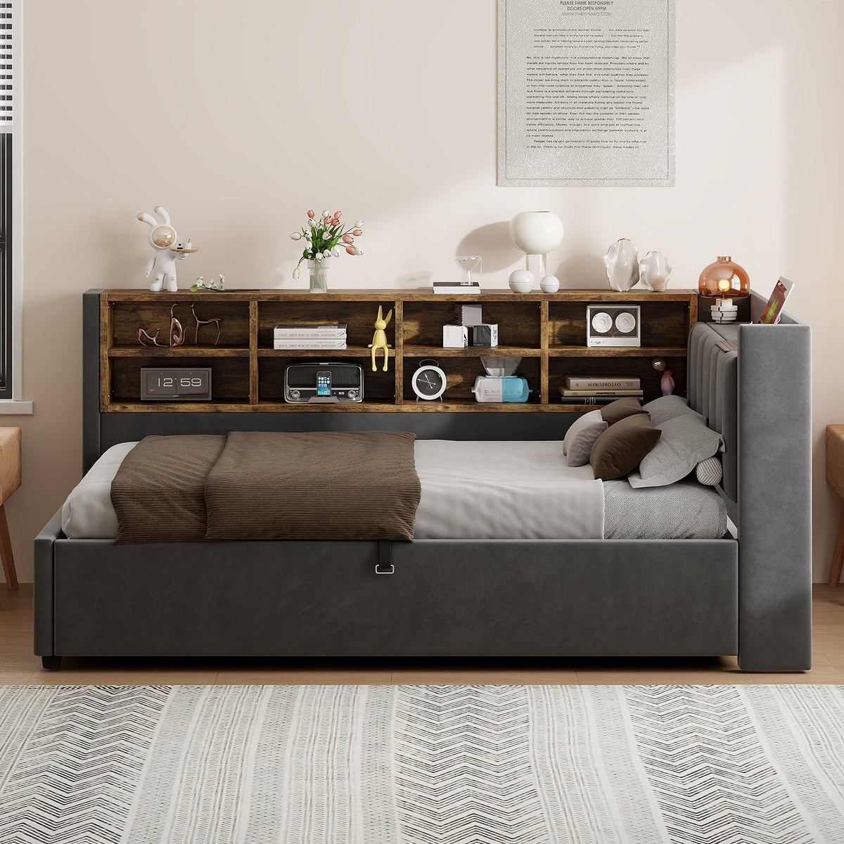 Upholstered Bed/Sofa Bed 90x200cm Multifunctional Hydraulic Storage USB/Type-C Night Light - Dark Grey Velvet