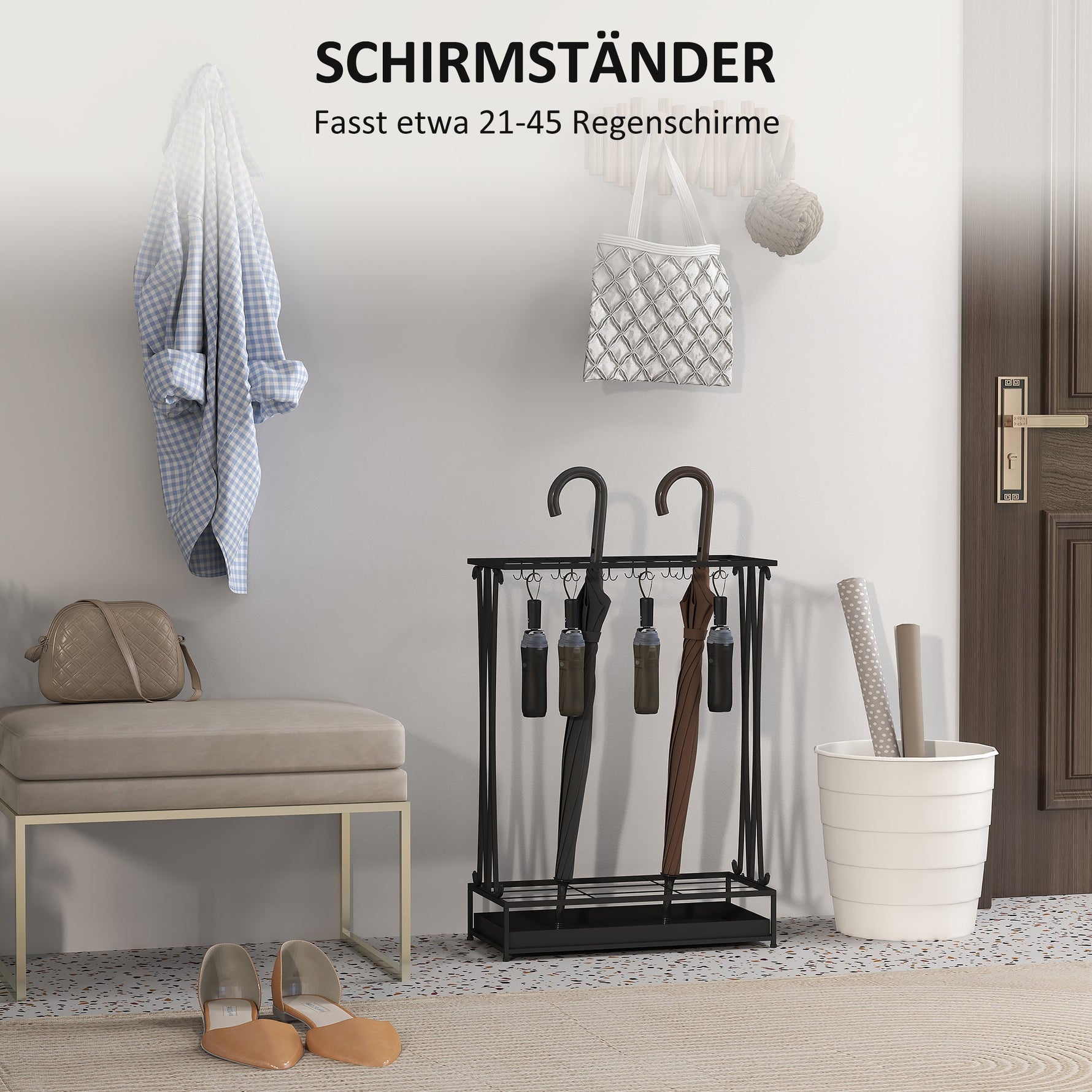 Umbrella Stand, Rectangular Holder with 24 Hooks/Removable Water Tray, Steel Black