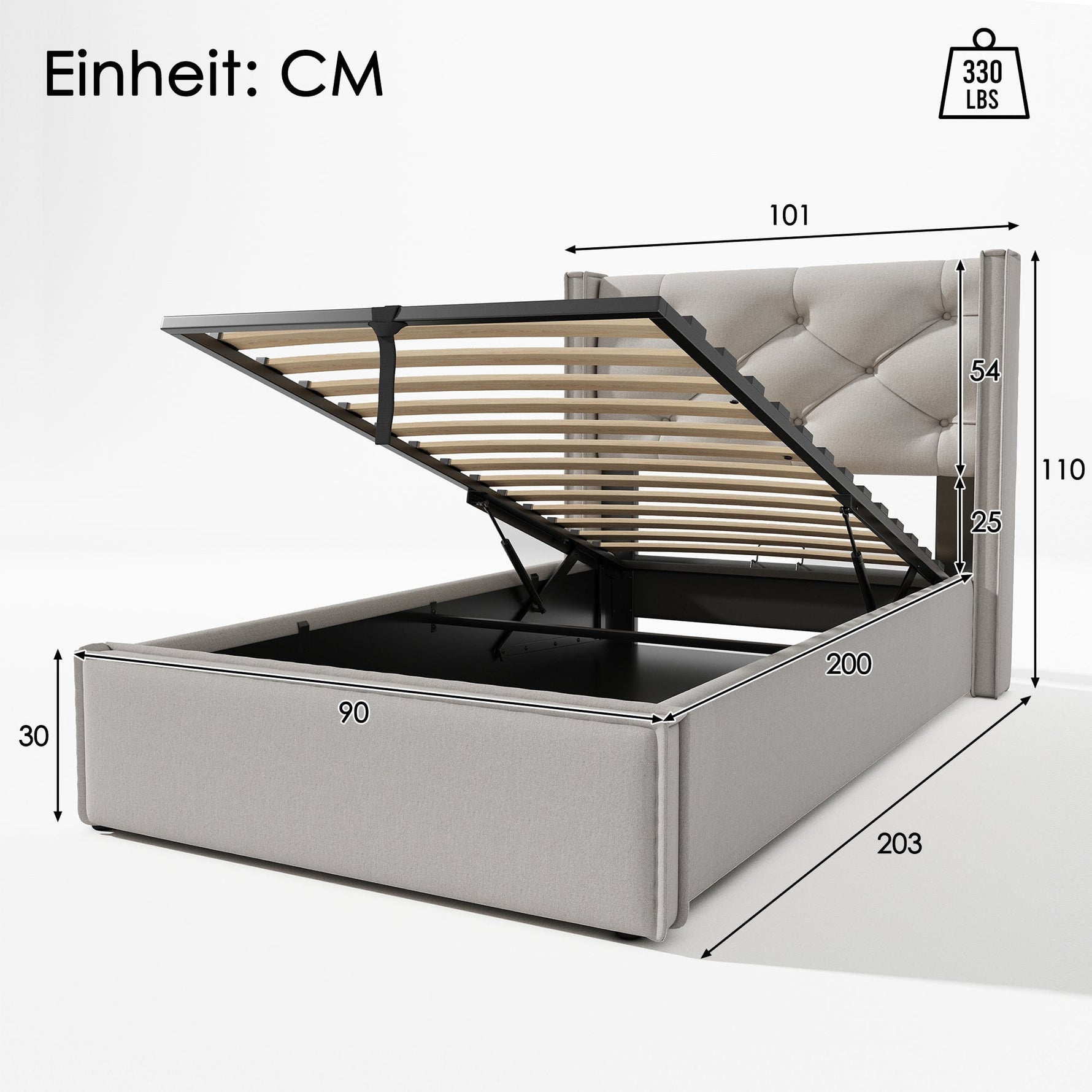 Hydraulic Upholstered Bed, Single 90x200cm with Storage, Light Grey Cotton